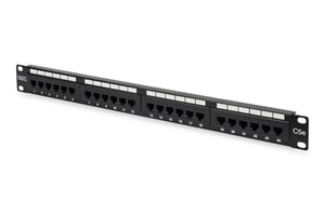 Digitus Patchfeld (Patch Panel) 19'' 24x RJ45, LSA vertikal, Kat. 5e, ungeschirmt, 1U, Kabelführung, schwarz, Beschriftungsfelder
