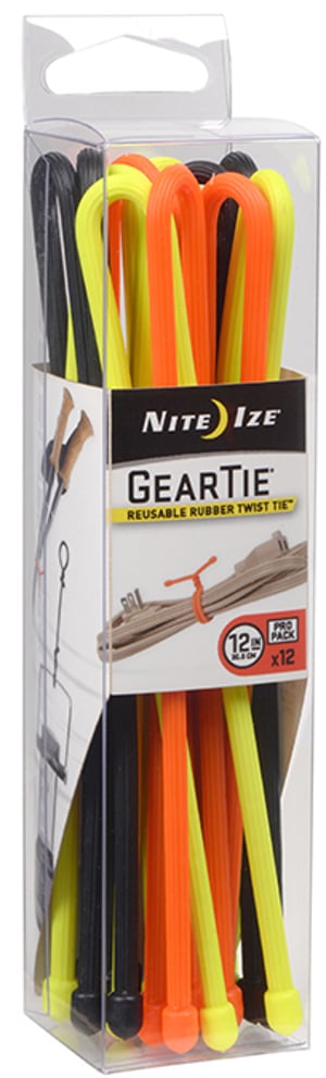 Nite Ize Gear Tie Cable Tie, Rubber, Black, Orange, Yellow, 12-pack