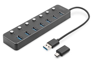 Digitus USB 3.0-koncentrator, 7 portar, på/av, aluminiumhölje