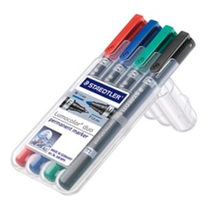 Staedtler Lumocolor Permanent Duo 348 Permanent Marker, Fine/Ball Tip, Black, Blue, Green, Red, 4-pack