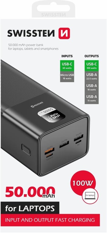 фото Зовнішній акумулятор (павербанк) Swissten Power Line Bank For Laptop 50000mAh 100W Black (22013942)
