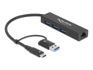 DeLOCK 3 Porty USB 3.2 Gen 1 Hub + Gigabit LAN z USB Type-C lub złącze USB Typ-A