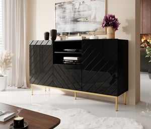 Cama Komoda ABETO na złotym stelażu ze stali 150x42x90 czarny/czarny połysk