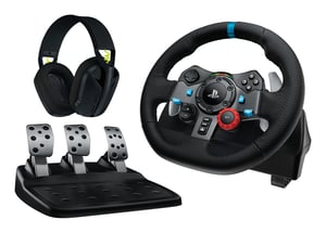 Logitech G 991-000539 Gaming Controller, Aluminum, Black USB Steering Wheel + Pedals + Headset for PC, PlayStation 4, PlayStation 5, PlayStation 3