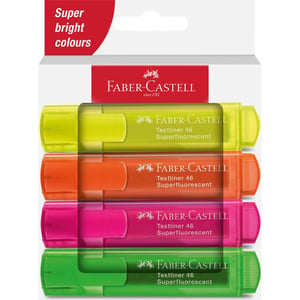 Faber-Castell Textmarker 46 Superfluoreszenter Marker, 4 Stück. Abgeschrägte Spitze. Grün, Orange, Rosa, Gelb