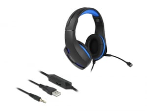 DeLOCK Gaming-Headset mit 3,5-mm-Stereo-Klinkenstecker und blauer LED für Desktop-PCs, Laptops und Spielkonsolen