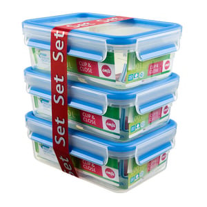 EMSA 508558 Rectangular Food Storage Container, 1 L, Blue, Transparent, 3-Pack