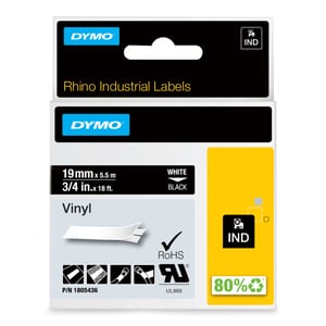 DYMO Rhino industriella vinyletiketter | 19 mm x 5,5 m | vit text på svart bakgrund | självhäftande