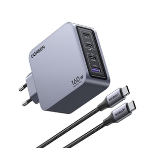 Ugreen Nexode Pro 160W GaN Charger with USB-C Cable, Universal, Black, Gray, AC, Fast Charging, Indoor