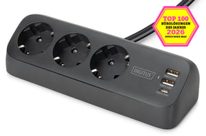 Digitus 3-fach-Steckdosenleiste für den Bürogebrauch mit 2 USB-A-Anschlüssen und 1 USB-C-Anschluss, schwarz