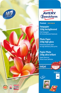 Avery Premium Inkjet Fotopapier für Tintenstrahldrucker A4 (210 × 297 mm) Hochglanz 20 Blatt Weiß