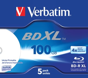 Verbatim BD-R XL 100 GB* 4x, med möjlighet till breda utskrifter på bläckstråleskrivare, 5-pack i plastförpackning