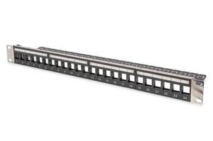 Digitus Modulares 19"-Patchfeld (Patch Panel) 24x Keystone, abgeschirmt, 1U, schwarz, Kabelführung, austauschbare Beschriftungsfelder