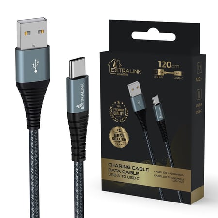 Extralink SMART LIFE CABLE 15W, USB-A TO USB-C, 120CM, NYLON BRAIDED, 5V 2.4A/3A, BLACK kabel USB