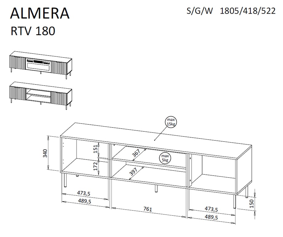 Cama Szafka RTV ALMERA 180,5x42x52,5 orzech/kaszmir + kominek czarny