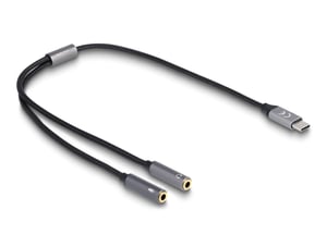 DeLOCK USB-Typ-C-Headset-Adapter (Stecker), 24 Bit/96 kHz Hi-Res-DAC, auf 2 x 3,5 mm 3-polige Stereobuchse (Buchse)