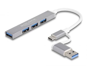 DeLOCK 4-Port-Slim-USB-Hub mit USB Typ C oder USB Typ A zu 3 x USB 2.0 Typ A (Buchse) + 1 x USB 5 Gbit/s Typ A (Buchse)