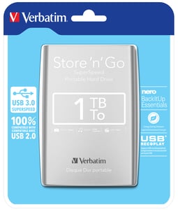 Verbatim Store 'n' Go 1 TB 2.5" External Hard Drive, Micro-USB B, 3.2 Gen 1 (3.1 Gen 1), Silver