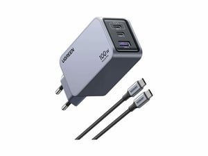 Ugreen Nexode Pro EU 3-Port GaN PD Fast Charger with USB-C Cable, Universal, Black, Gray, AC, Fast Charging, Indoor