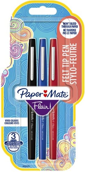Papermate Flair Original mazak Średni Czarny, Niebieski, Czerwony 3 szt.