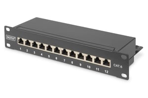 Digitus Patchfeld (Patch Panel) 10'', 12x RJ45, LSA-Ebene, Kat. 6, geschirmt, 1U, schwarz, Kabelführung