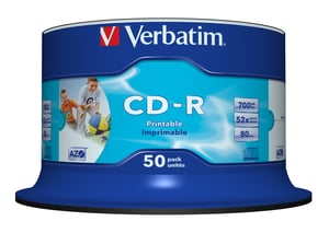 Verbatim CD-R AZO Wide, bläckstråleskrivbar, utan ID, 700 MB, 52x, 50 st.