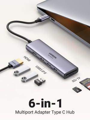 Ugreen CM511 5-i-1-adapter USB-C-hubb till 3x USB 3.0 + HDMI + TF/SD, grå