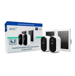 Arlo Essential 2 2K Außenkamera 2er-Pack mit 2 Solarmodulen BNDL IP-Sicherheitskamera (Zylinderform) für den Innen- und Außenbereich, 1920 x 1080 px, Decken-/Wandmontage