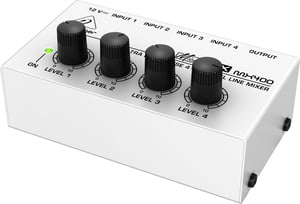 Behringer MX400 4-channel audio mixer. Black, White