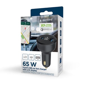 Gembird TA-UC-AC2PD65LCD-CAR-01 Portable Device Charger, Universal, Black, Cigarette Lighter, Fast Charging, Automatic