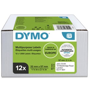 DYMO Oryginalne etykiety uniwersalne LabelWriter | 32 mm x 57 mm | 12 rolek po 1000 łatwych do odklejenia etykiet (12 000 sztuk) | Samoprzylepne | Do drukarek etykiet LabelWriter