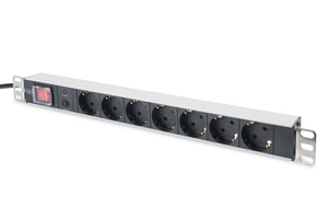 Digitus 19-tums PDU-strömfördelare för rack, 7 Schuko-uttag, 2,0 m, 1 Unischuko-kontakt, 16 A, på/av, överbelastningsskydd, aluminiumprofil