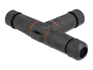DeLOCK Field Cable Connector, T-shape, 2-pin, IP68 waterproof, screw-on, cable diameter 4.5–7.5 mm, black
