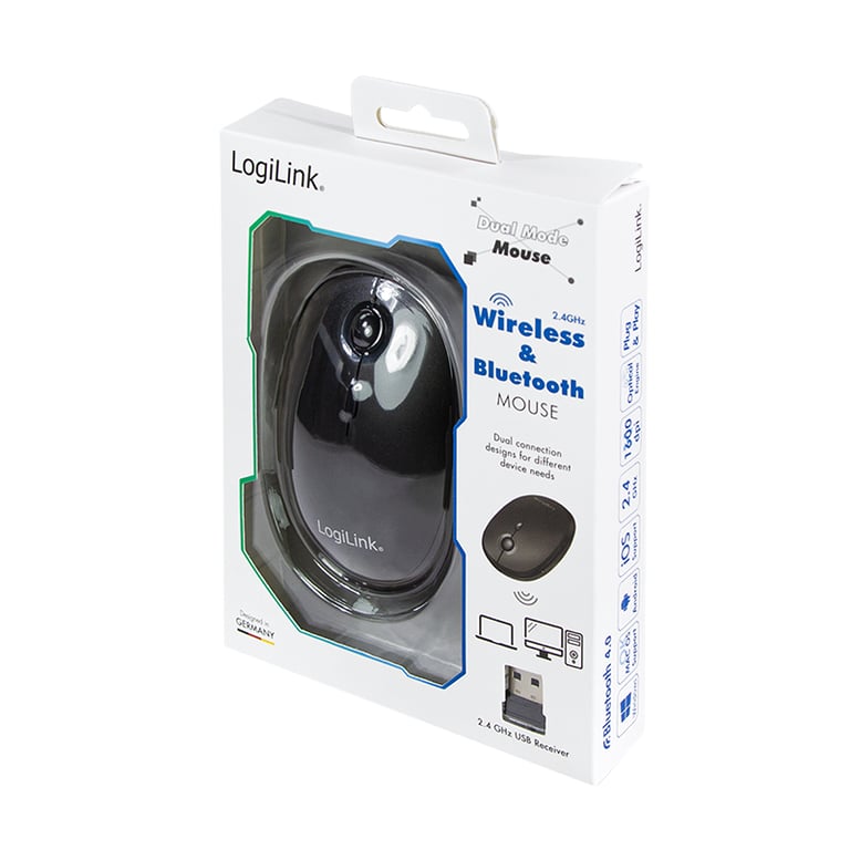 LogiLink ID0204 myszka Biuro Oburęczny RF Wireless + Bluetooth 1600 DPI