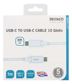 Deltaco USBC-1127M kabel USB USB 3.2 Gen 2 (3.1 Gen 2) 1 m 60 W Biały