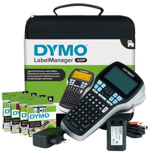 DYMO LabelManager 420P-paket med högpresterande | uppladdningsbar | bärbar etikettskrivare | med ABC-tangentbord | 4 rullar med D1-etiketter och väska