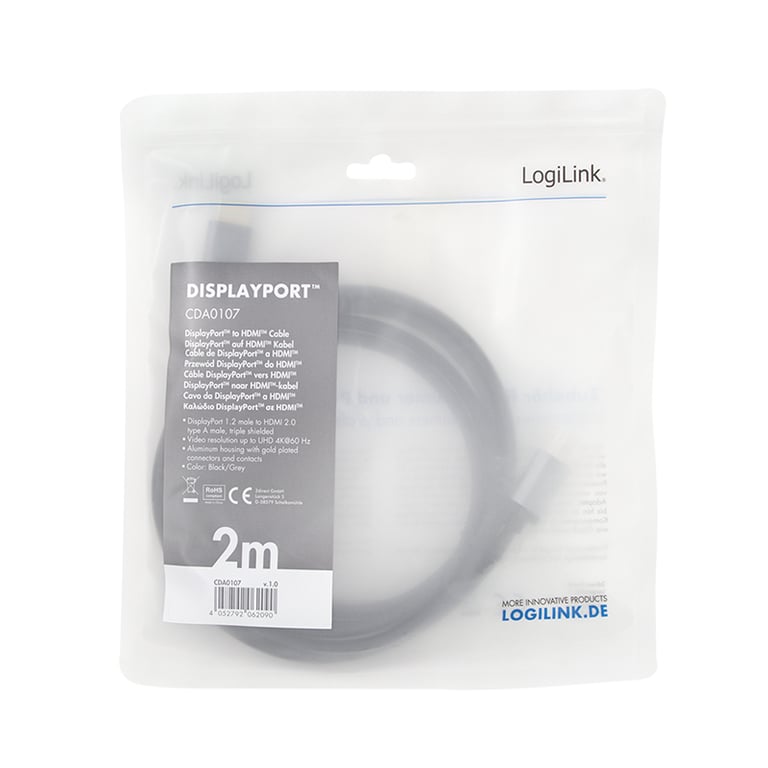 LogiLink CDA0107 adapter kablowy 2 m DisplayPort HDMI Czarny, Szary