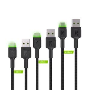 Green Cell Zestaw 3x Kabel GC Ray USB - USB-C 30cm, 120cm, 200cm, zielony LED, szybkie ładowanie Ultra Charge, QC 3.0