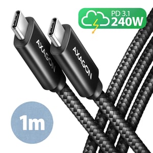 Axagon BUCM2-CM10AB Ladekabel, USB-C auf USB-C 2.0, 1 m, PD 240 W 5 A, ALU – Schwarz – 1 Meter langes USB-C-zu-USB-C-Kabel – Daten- und Ladekabel USB 2.0 USB-C Schwarz
