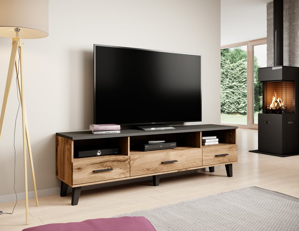 Cama stolik RTV LOTTA 180cm dąb wotan + czarny mat
