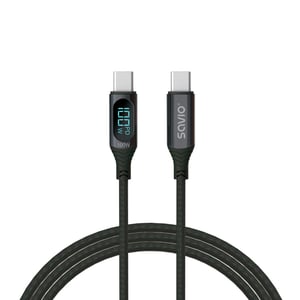 Savio USB-C – USB-C-Kabel mit Display CL-174, 1 m, schwarz, USB-Kabel, USB 3.2 Gen 1 (3.1 Gen 1), USB-C, schwarz