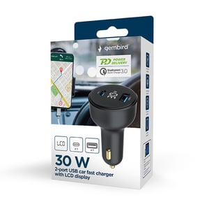 Gembird TA-UC-AC2PD30LCD-CAR-01 Ladegerät für mobile Geräte, universell, schwarz, Zigarettenanzünder, Schnellladung, automatisch