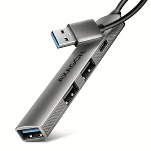 Axagon HUB USB HUE-STA, 4x USB-ALU-STRIP-Hub, 1x USB-A 5 Gbit/s, 2x USB-A & 1x USB-C 480 Mbit/s, USB-A-Kabel 12 cm, USB 3.2 Gen 1 (3.1 Gen 1), Typ A, 5 Mbit/s, grau