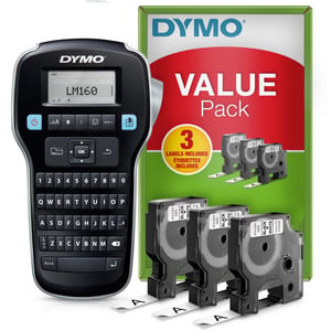 DYMO LabelManager 160 Zestaw startowy do drukarki etykiet | Ręczna drukarka etykiet | z 3 rolkami taśmy D1 Label Tape | Klawiatura QWERTY | Idealne rozwiązanie do biura lub domu