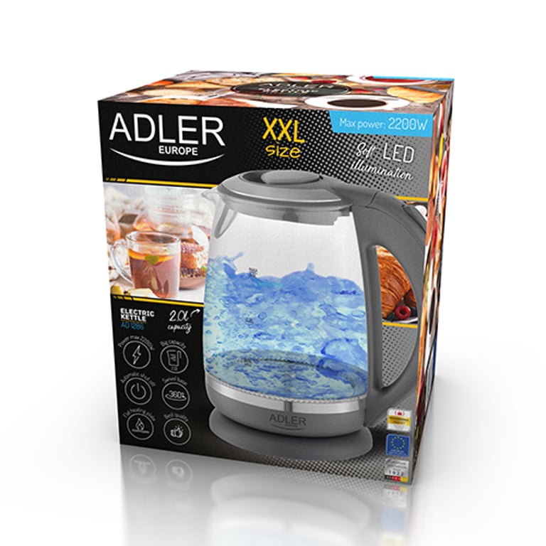 Adler AD 1286 czajnik elektryczny 2 l 2200 W Szary, Przezroczysty