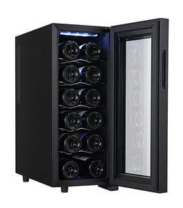 Adler AD 8083 Wine Cooler, Thermoelectric Wine Cooler, Freestanding, Black, 12-bottle capacity.