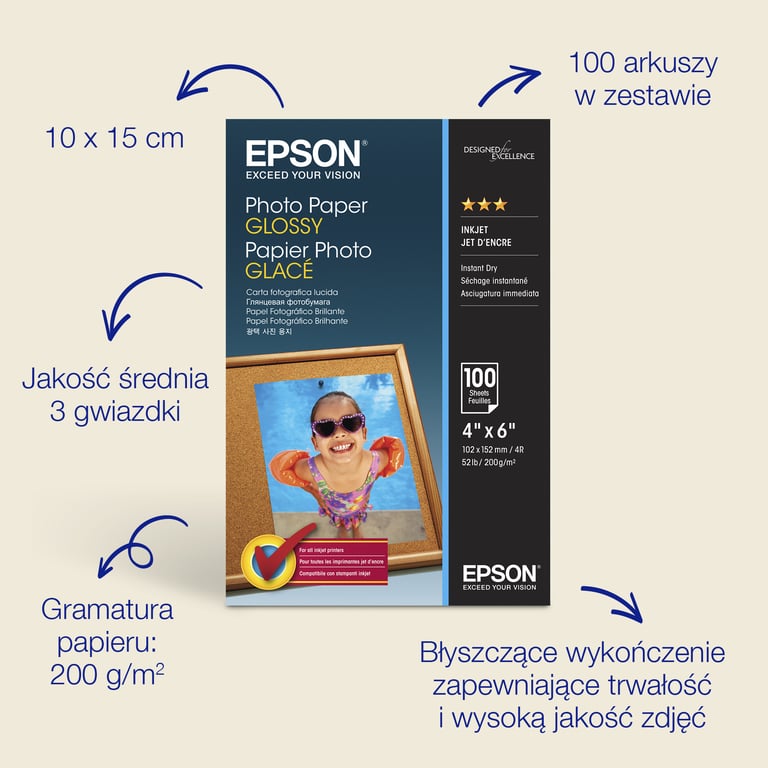 Epson Fotograficzny papier błyszczący Glossy Photo Paper firmy (100 × 150 mm), 200 g/m2, 100 arkuszy