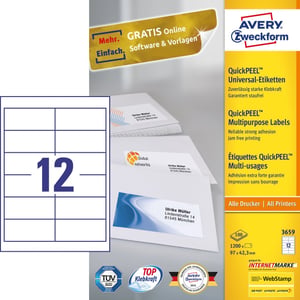 Avery 3659 selbstklebende Etiketten, rechteckig, dauerhaft, weiß, 1200 Stück.