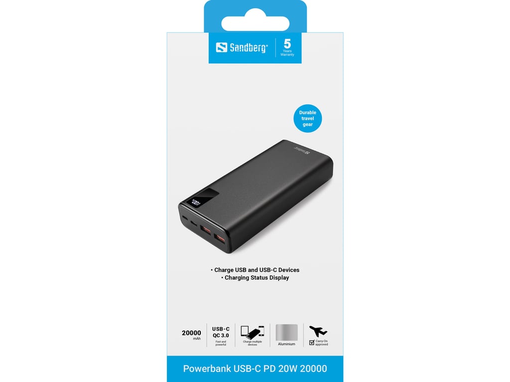 фото Зовнішній акумулятор (павербанк) Sandberg USB Type-C PD 20W 20000mAh (420-59)