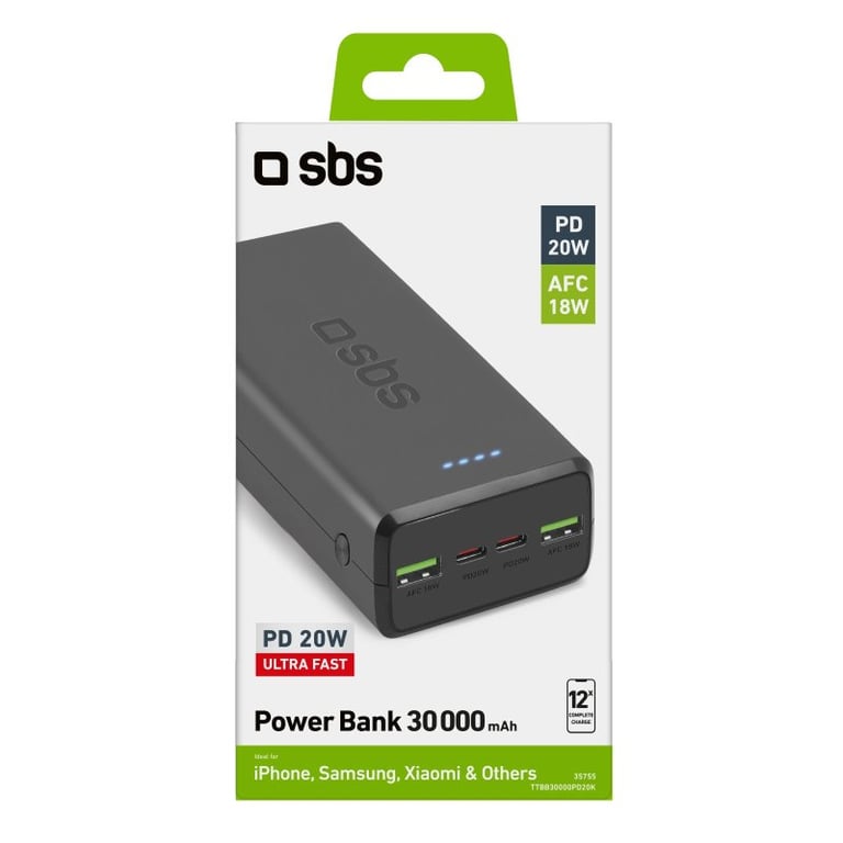 фото Зовнішній акумулятор (павербанк) SBS Portable Power Bank 20W 30000 mAh Black (TTBB30000PD20K)